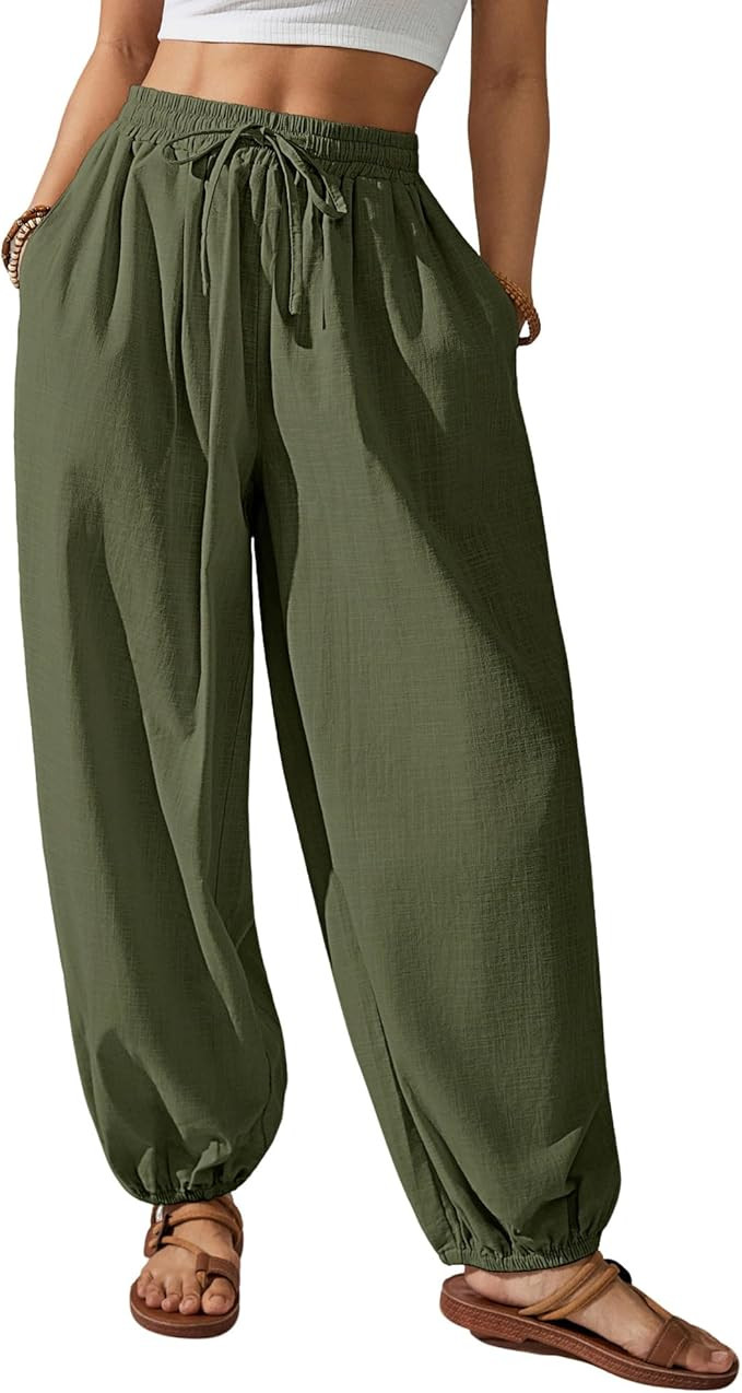 Bsubseach Womens Cotton Harem Pants Elastic Waist Baggy Pant Drawstring Balloon Trouser Loose Bea... | Amazon (US)