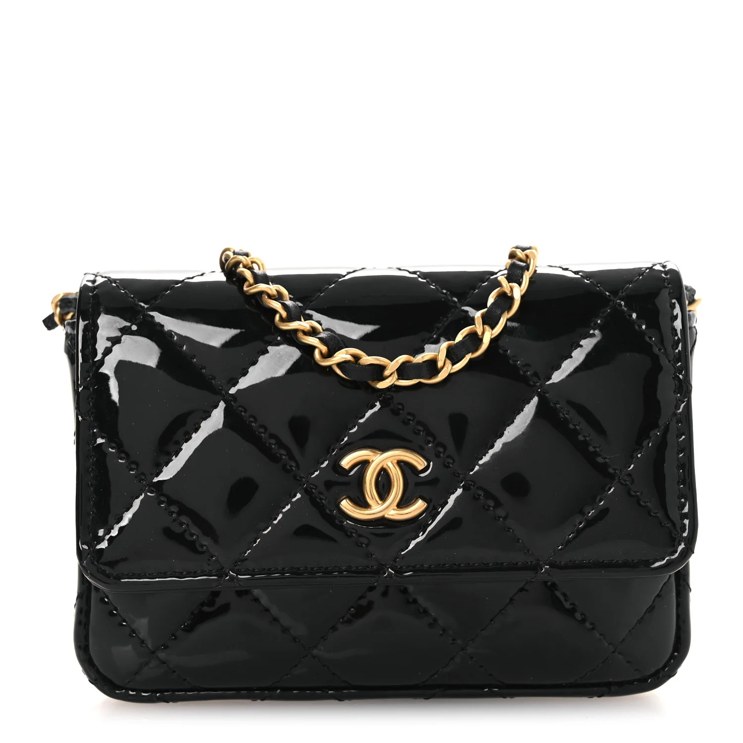 Patent Enamel Quilted Coco Hearts Clutch With Chain Black | FASHIONPHILE (US)