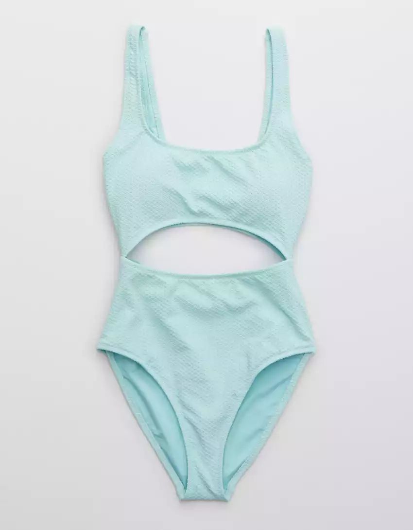 Aerie Jacquard Cut Out Scoop One Piece Swimsuit | American Eagle Outfitters (US & CA)