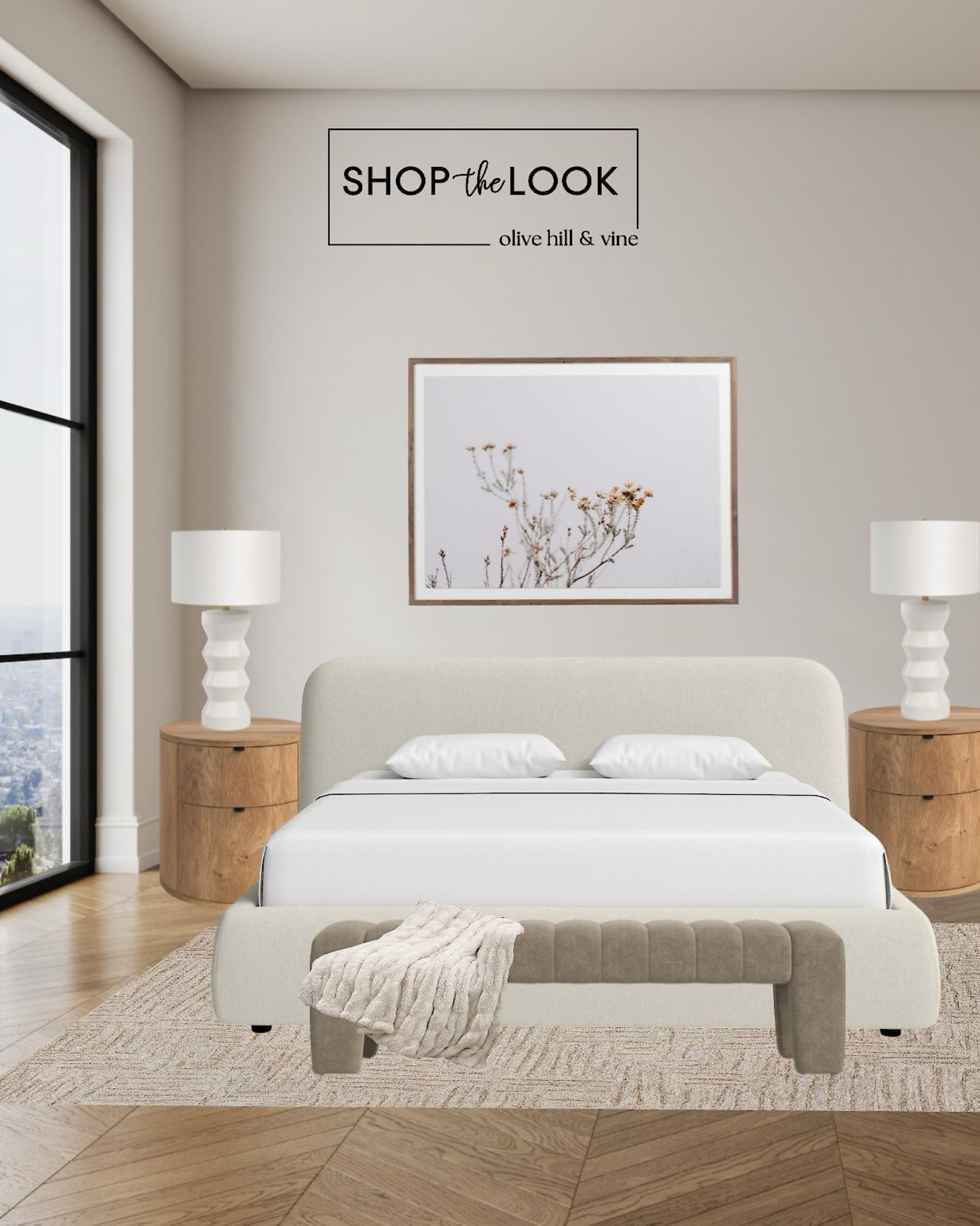 This bedroom is all about effortless style. A platform upholstered bed sets the tone, paired with cylindrical oak nightstands we can't get enough of. Ribbed ceramic table lamps add texture, while a wool and jute rug grounds the space. A plush bench, faux fur throw, and framed nature photograph complete the look. 

#LTKFamily #LTKStyleTip #LTKHome