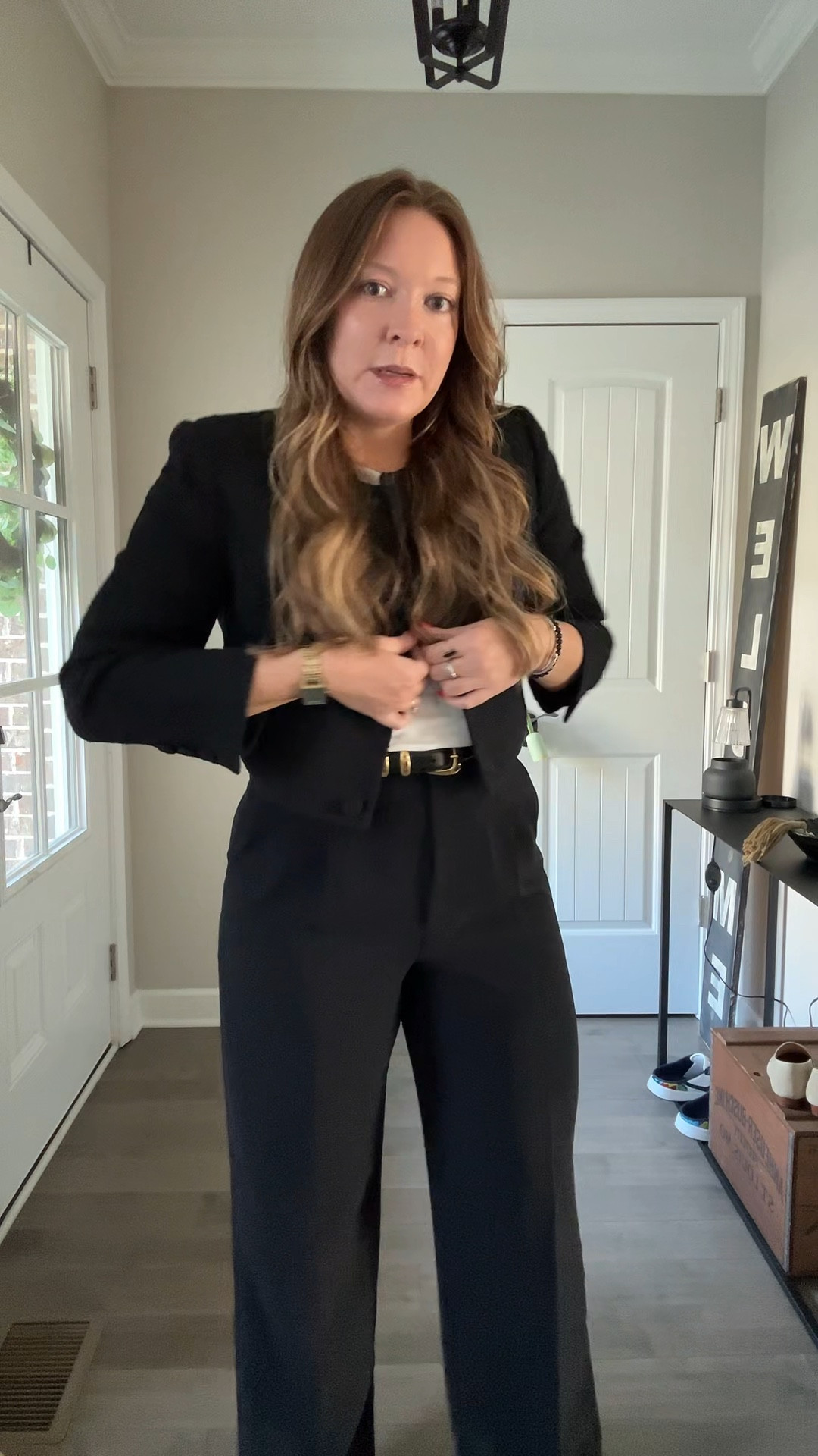 Black cropped tweed blazer / tts wearing a medium 
White tshirt / tts wearinf a medium 
Wide leg trousers / I sized up to a 10
Black and gold belt / tts wearing a medium 
Black pumps / wearing a 38

#LTKootd #LTKWorkwear #LTKdayinmylife