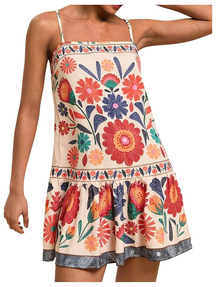 Women's Floral Boho Flowy Mini Cami Dress Ruffle Hem Spaghetti Strap Vacation Tank Dresses | Amazon (US)