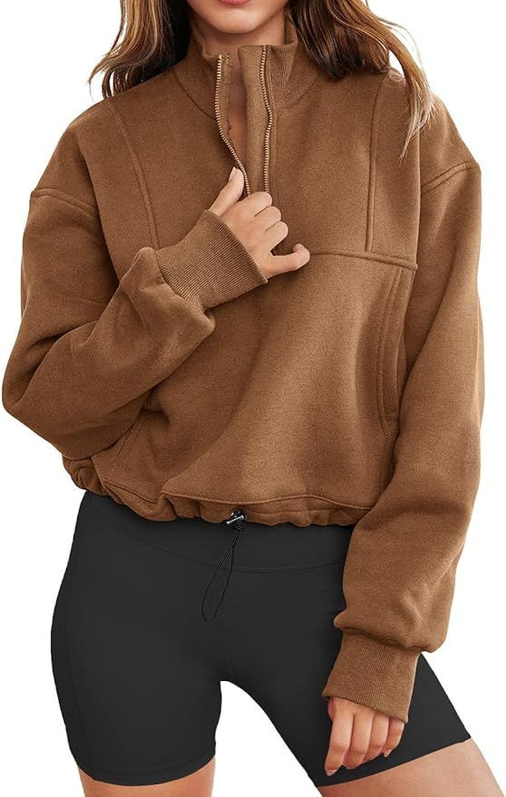 LEEDYA Women's 1/4 Zip Pullover V Neck Long Sleeve Cropped Sweatshirt Lightweight Color Block Top | Amazon (US)