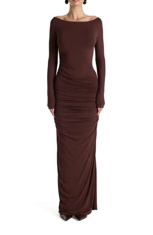Naked Wardrobe Off the Shoulder Long Sleeve Body-Con Maxi Dress in Chocolate at Nordstrom, Size Large | Nordstrom