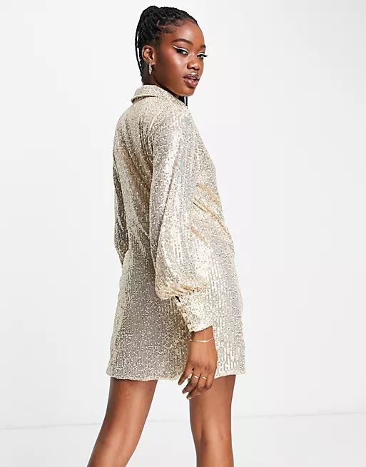 Style Cheat wrap tie sequin shirt dress in champagne | ASOS (Global)