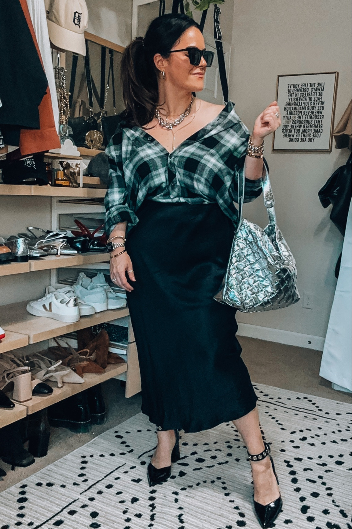  Midsize fall outfit idea - flannel plaid button down top wearing an xl (it has pockets)
Satin long black slip skirt - midi / maxi skirt xl (I could have done a large 
Rivet pumps tts 
Metallic woven bag Amazon find 
Mixed metal accessories 

#LTKmidsize #LTKSeasonal #LTKstyletip
