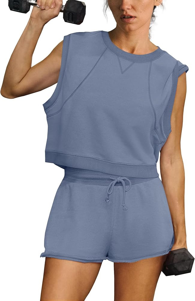SENSERISE Womens Two Piece Workout Sets Matching Sweat Sets Summer Outfits Oversized Crop Tank To... | Amazon (US)