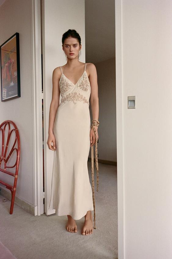 Zara - Embroidered Beaded Slip Dress - Greenish - M - Woman | Zara Canada