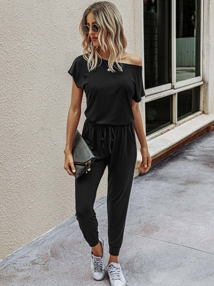 EMERY ROSE Solid Drawstring Waist Keyhole Back Jumpsuit | SHEIN