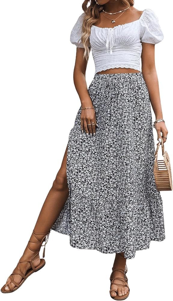 SweatyRocks Women's Casual High Waist Floral Print Skirt Split Thigh A Line Maxi Skirts | Amazon (US)