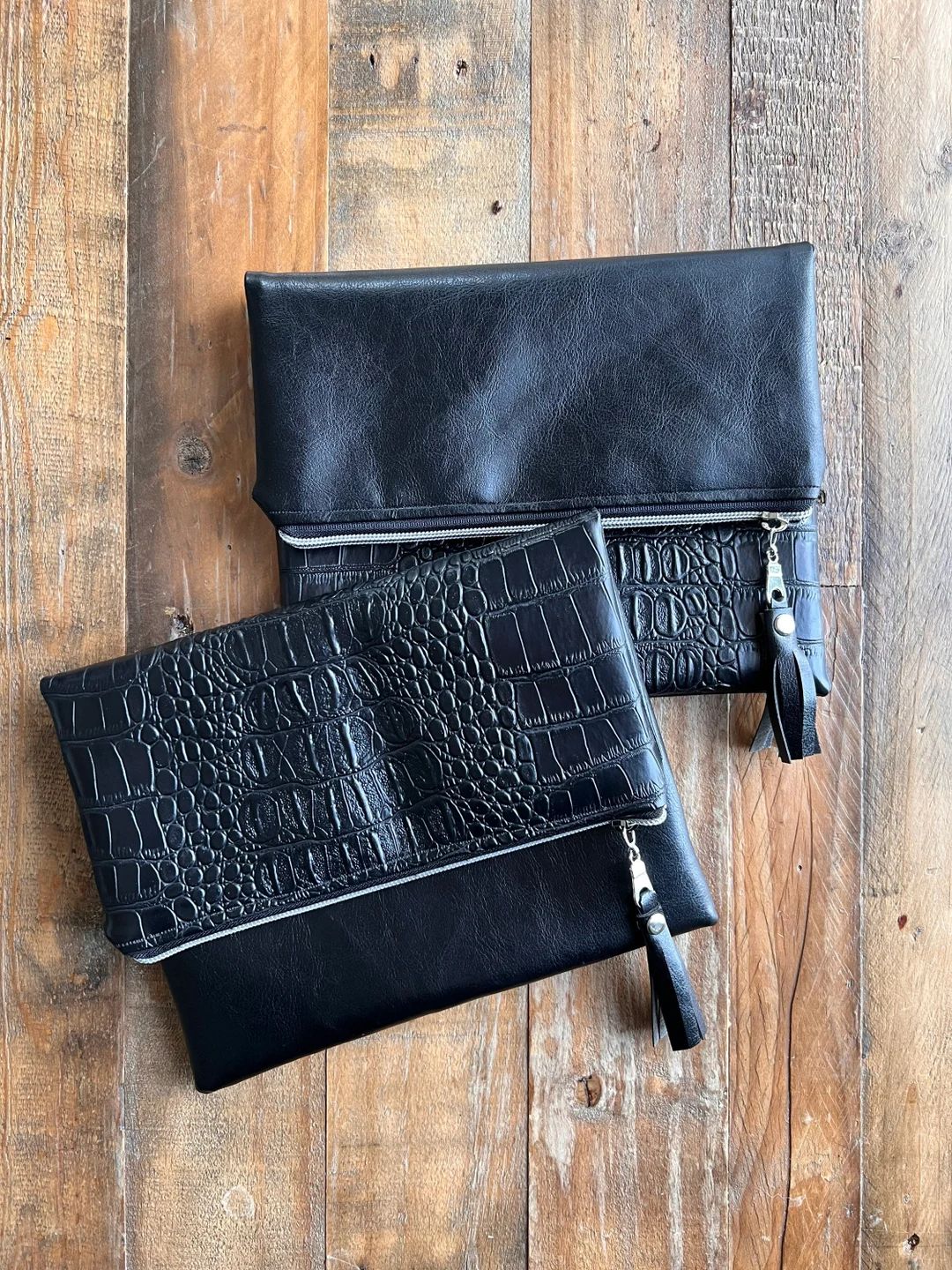 Black Croc Fold Over Clutch / Faux Leather Handbag / - Etsy | Etsy (US)
