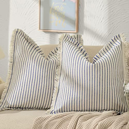 ZWJD Throw Pillow Covers 18x18 Set of 2 Striped Pillow Covers with Fringe Chic Cotton Decorative ... | Amazon (US)