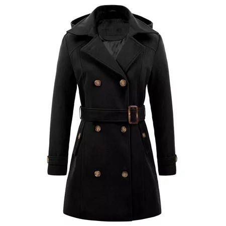 Chrisuno Pea Coats for Women Double Breasted Wool Blend Over Coat Hooded Black M | Walmart (US)