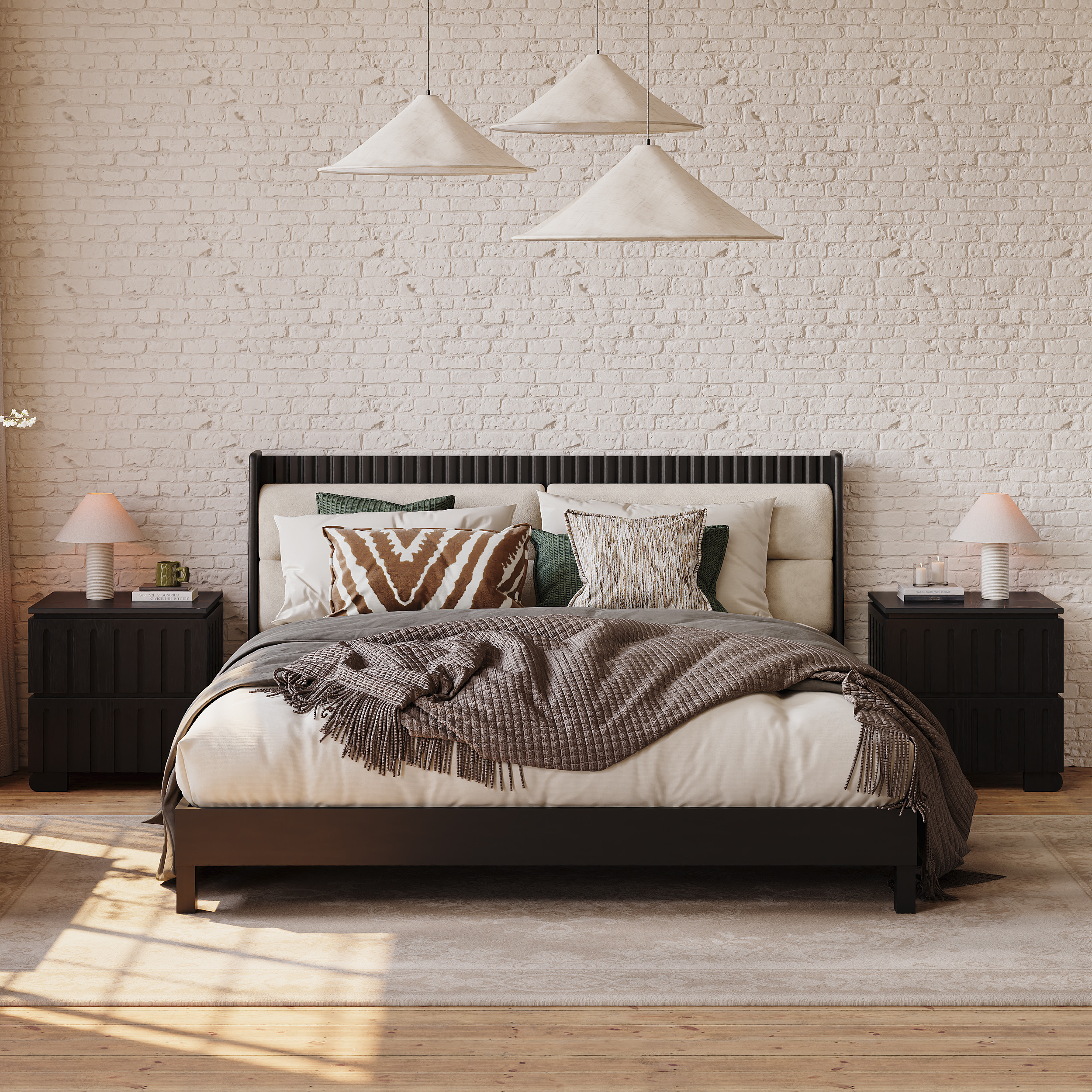 Modern Solid Wood Queen Upholstered Bed & 2 Drawer Ash Wood Nightstand Set with with Faux Travertine Top | Homary