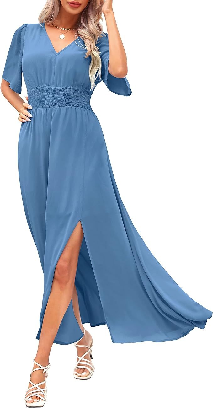 Kranda Women 2023 Summer Deep V Neck High Waist Short Sleeve Casual Long Boho Floral Swing Flowy ... | Amazon (US)