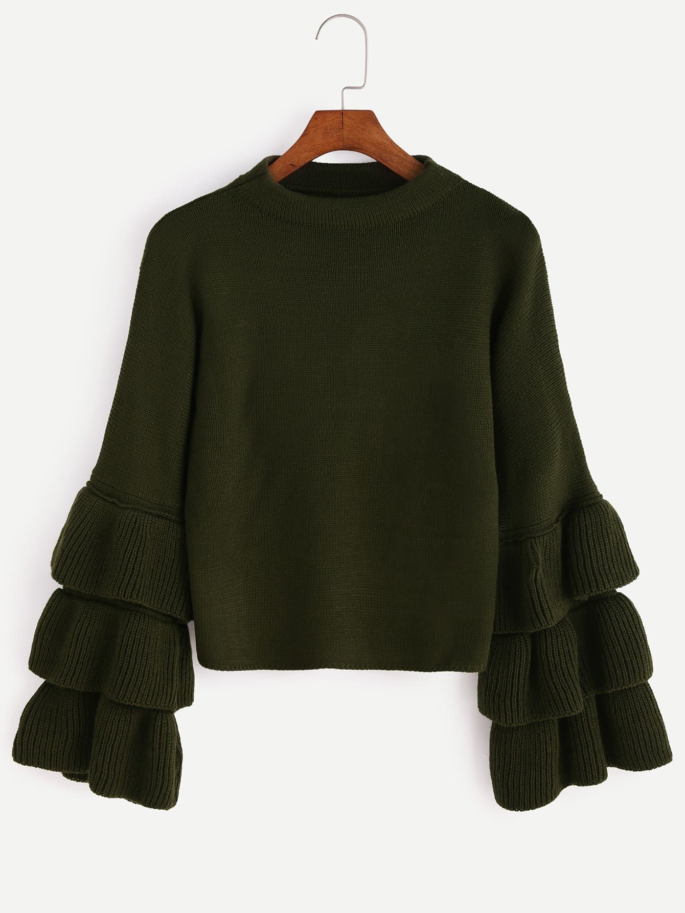 Olive Green Layered Ruffle Sleeve Sweater | SHEIN