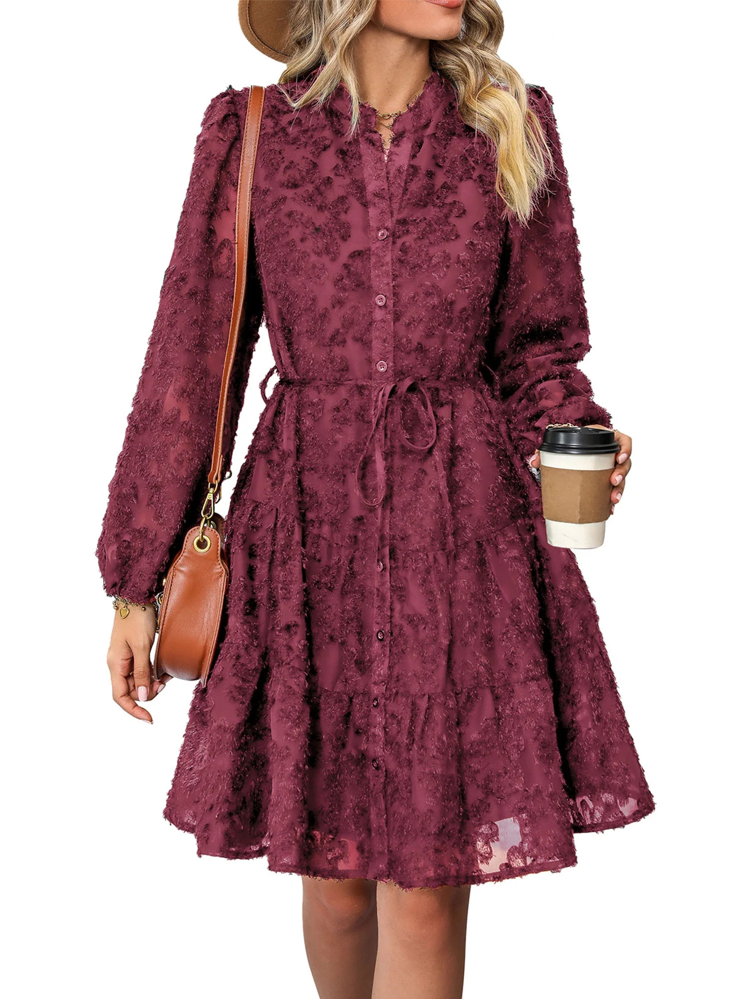 IWEMEK Womens Fall Dress Casual Long Sleeve V Neck Dresses Jacquard Elegant Solid Claret Outfit T... | Walmart (US)