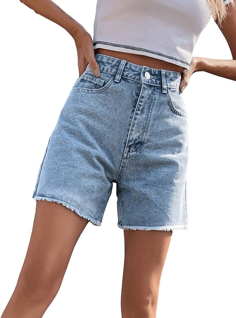 Women's High Waist Denim Shorts Straight Leg Raw Hem Jean Shorts Summer Hot Pants with Pockets | Amazon (US)