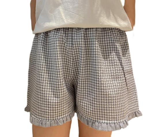 Women Ruffle Hem Gingham Shorts Y2k High Elastic Waist Plaid Boxers Pj Bottom Striped Going Out Lounge Shorts(Gray,Small) | Amazon (US)
