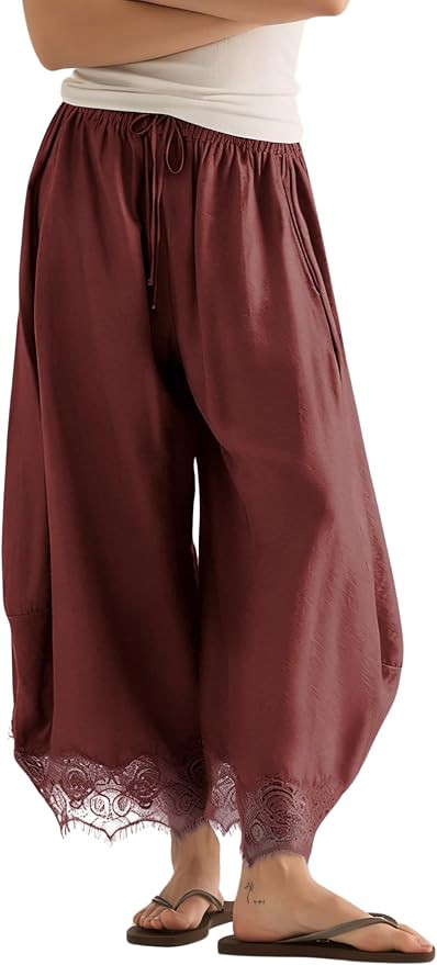 Women's Cropped Lace Hem Pants High Waist Drawstring Wide Leg Pants | Amazon (US)