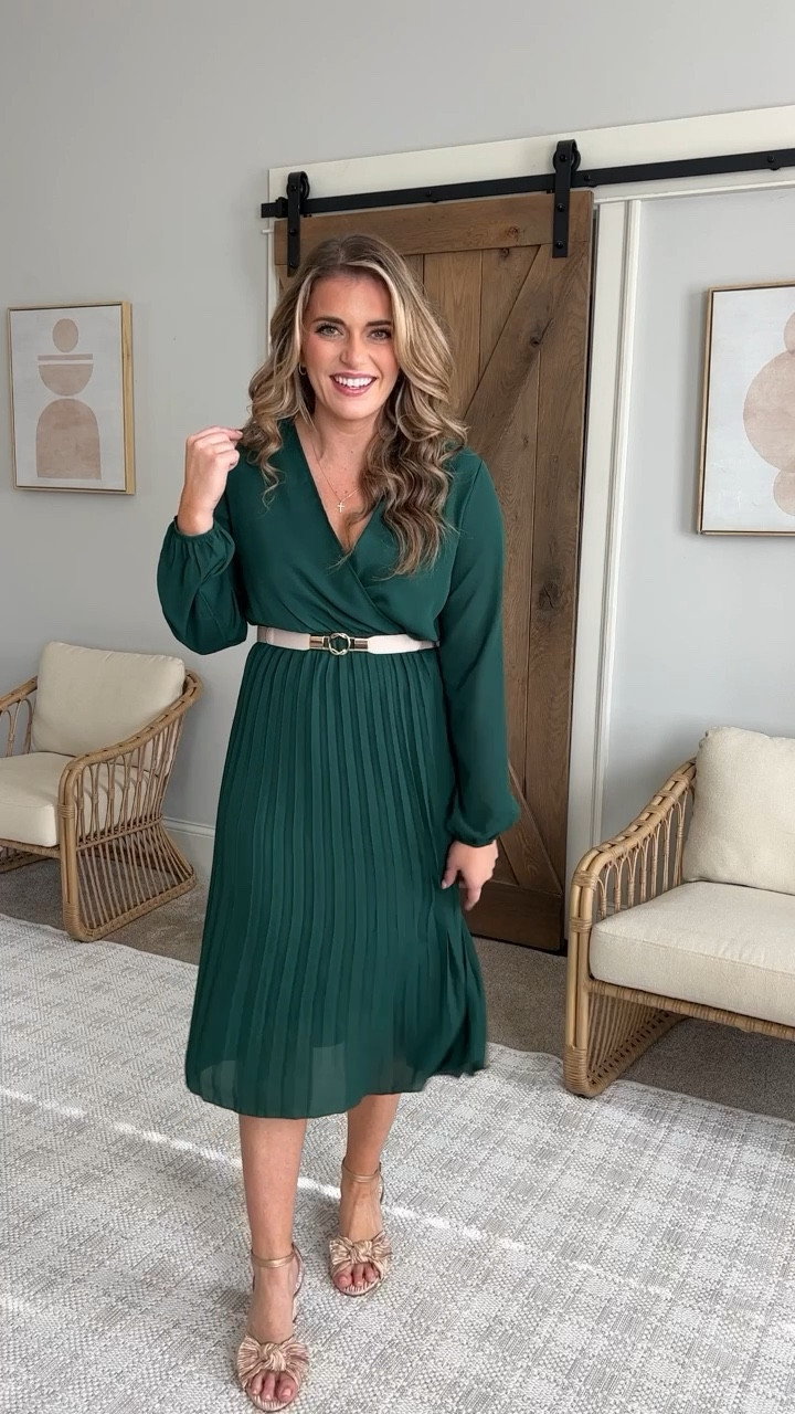 Dress tts - M 
Shaper shorts tts - M/L 
Coat tts - M
Bra tts (my fave underwire) 
Heels tts
Winter wedding guest midi dress pleated skirt pleated dress stretchy waist comfy formal semi formal dress green 

#LTKSeasonal #LTKunder50 #LTKwedding