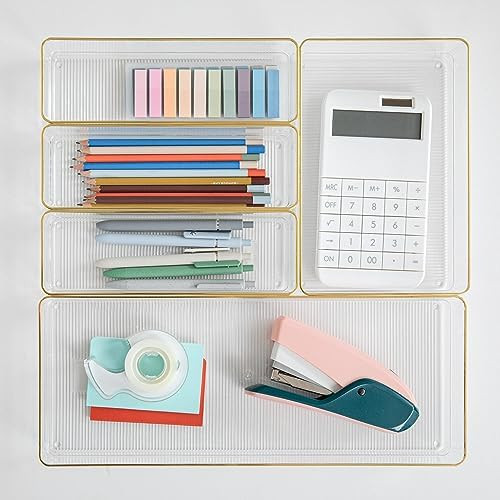 Martha Stewart Kerry Plastic Stackable Office Desk Drawer Organizers, Set of 6, with Gold Trim | Amazon (US)