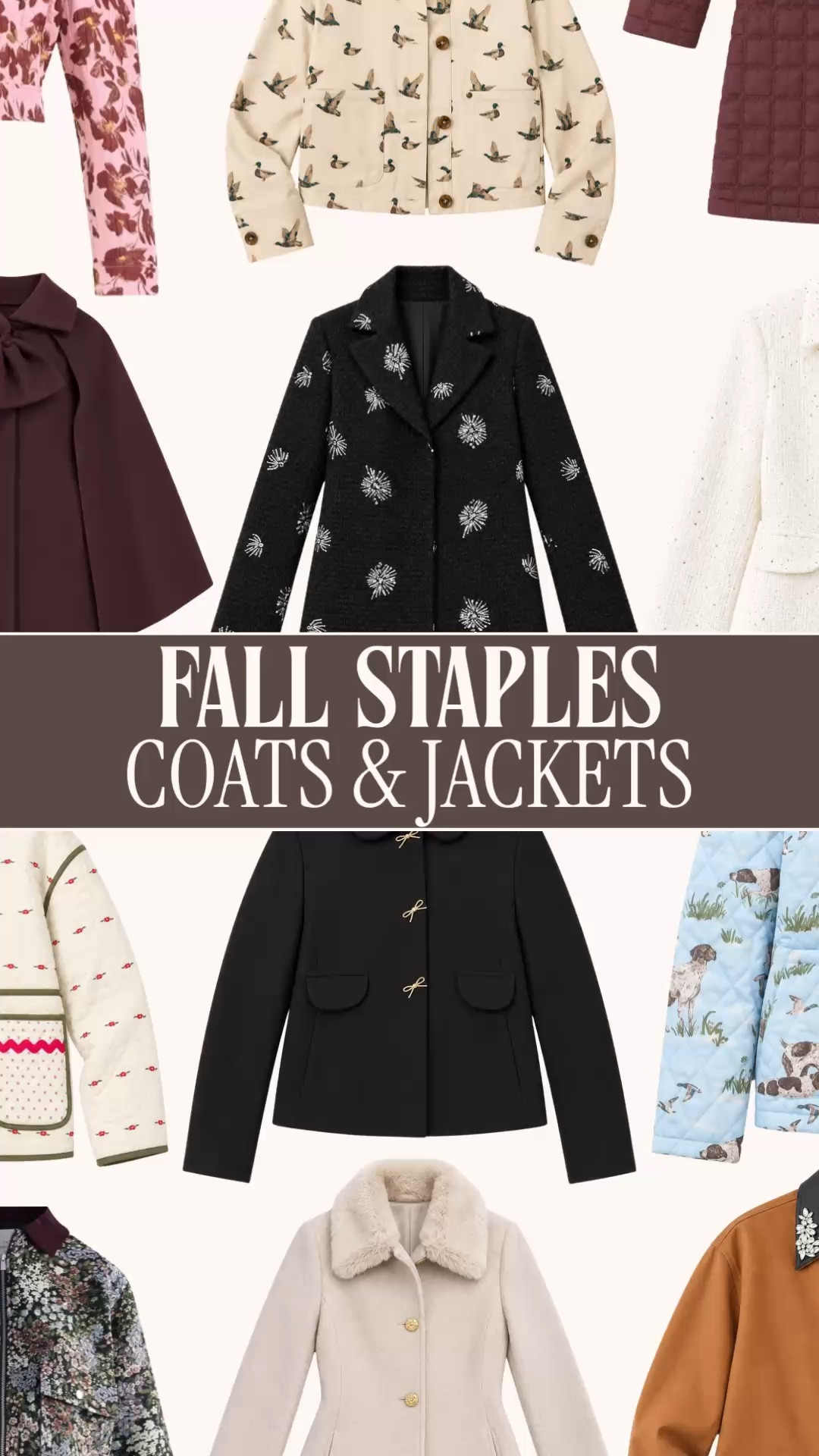 Fall jackets for women | fall coats | women’s outerwear | preppy fall outfits

I went looking for fall jackets and came back with 30. The mallards, florals and bow details were clearly not helping me narrow things down. 🍂

There are classic coats you can wear year after year, printed jackets that make the outfit, quilted layers, lady jackets and pretty statement collars. From black and cream to rich autumn colors, this lineup covers both the everyday fall staples and the pieces you’ll be making plans to wear.

I searched across brands and stores for this collection, so you can shop all 30 fall coats and jackets in one place.

Wear a printed jacket with dark jeans and ballet flats, layer a lady jacket over a dress for work or teaching, or add a quilted jacket to corduroy pants for a fall weekend. These are the layers for preppy fall outfits, work outfits, fall travel, Thanksgiving and every chilly morning in between.

Start with the coat you’ll reach for every day. Then take a look at the one with the collar you can’t stop thinking about. All 30 are linked below.

fall jackets for women, fall coats for women, women’s jackets, women’s coats, fall outerwear women, fall jackets 2026, lightweight fall jackets women, transitional jackets women, layering jackets women, preppy jackets women, preppy fall outfits, classic coats women, statement jackets women, printed jackets women, floral jacket women, mallard duck jacket, quilted jacket women, barn jacket outfits, lady jacket women, textured jacket women, bow jacket women, collared jacket women, cream jacket women, black coat women, burgundy jacket women, fall work jackets women, business casual jackets women, fall teacher outfits, fall travel outfits women, jacket and jeans outfit, feminine fall outfits, fall wardrobe staples, Thanksgiving outfits women

#FallJackets #FallCoats #PreppyStyle #FeminineStyle #FallOutfits #TeacherOutfits #WorkOutfits #WomensJacket #WomensCoat

#LTKSeasonal #LTKWorkwear #LTKootd