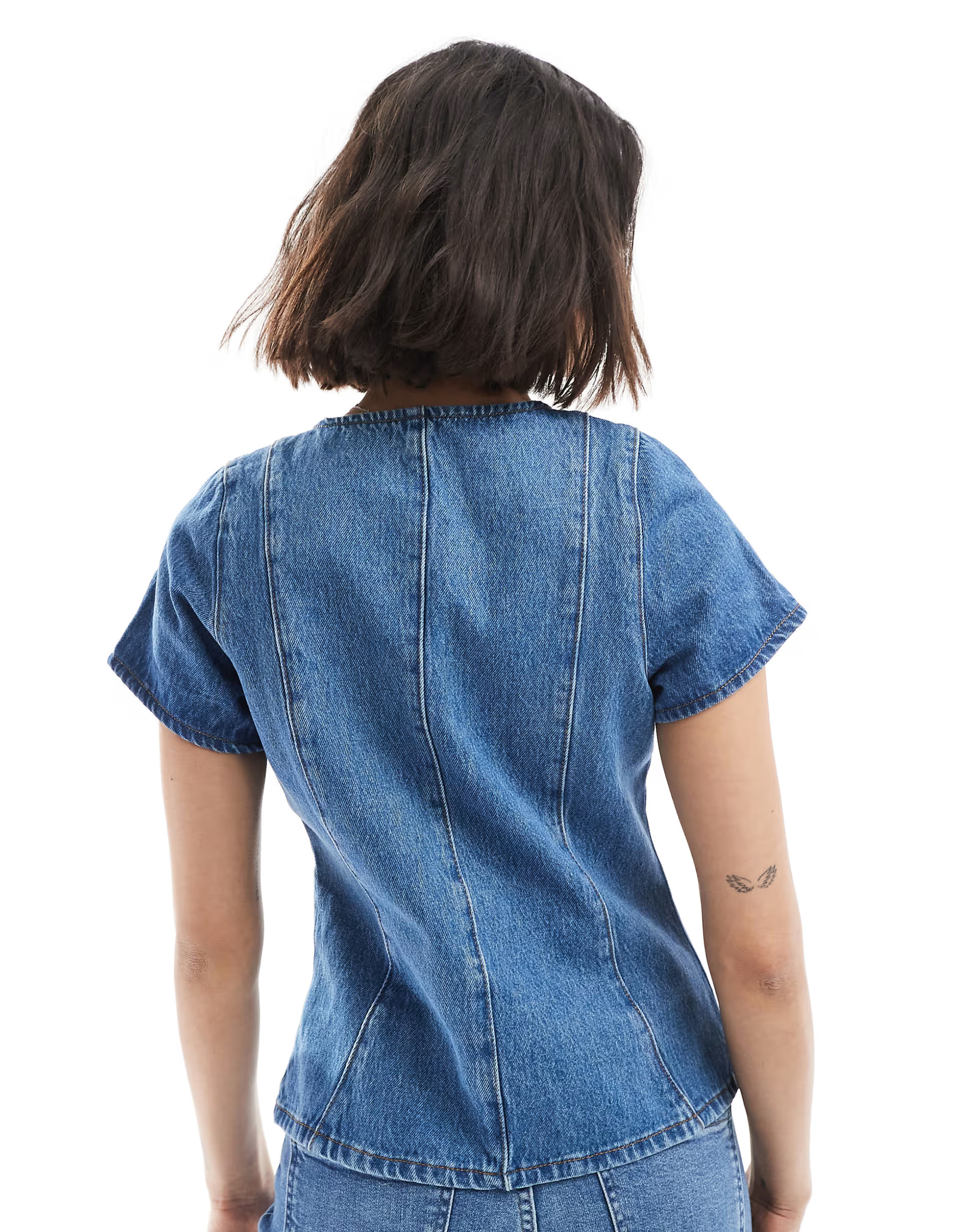 ASOS DESIGN denim button up short sleeve top in mid blue | ASOS | ASOS (Global)