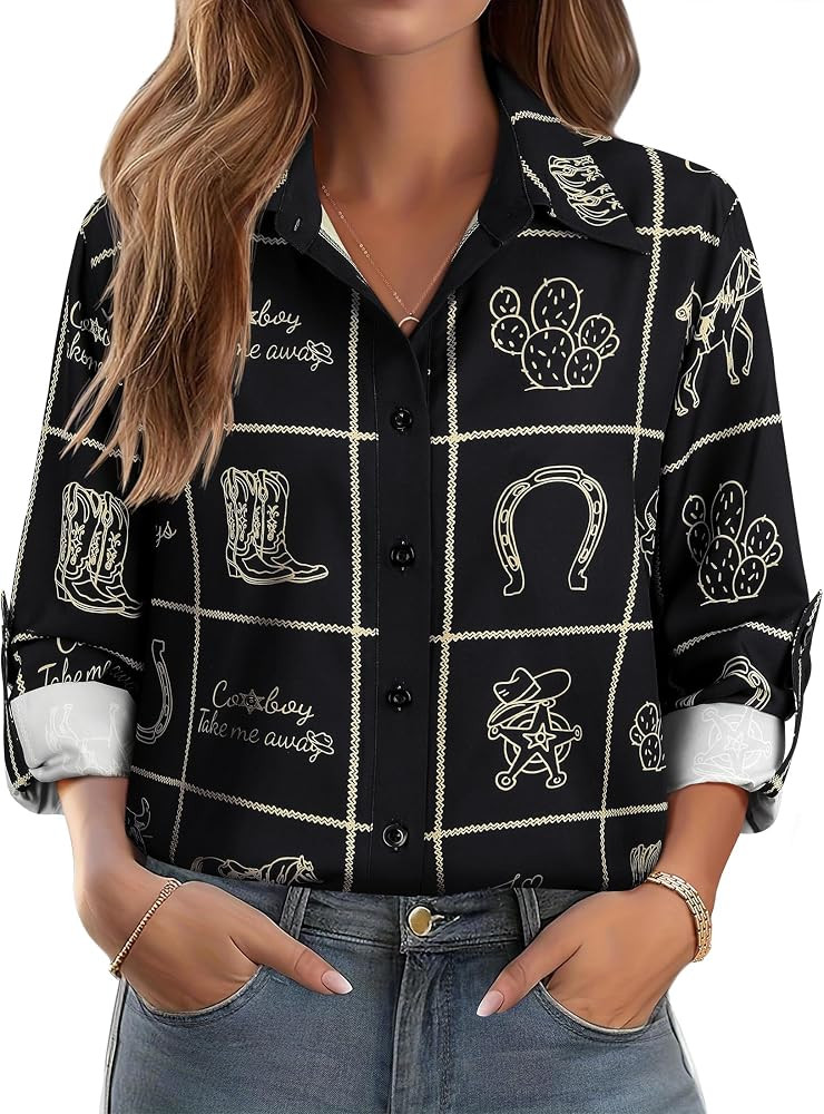 MYMORE Women's Western Cowgirl Rodeo Print Shirt Top Country Concert Outfit | Amazon (US)