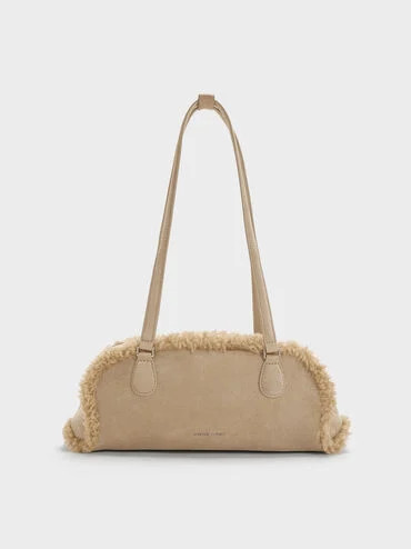 Nelly Recycled Suede & Faux Shearling Elongated Shoulder Bag
    
         - Nutmeg Beige | Charles & Keith US