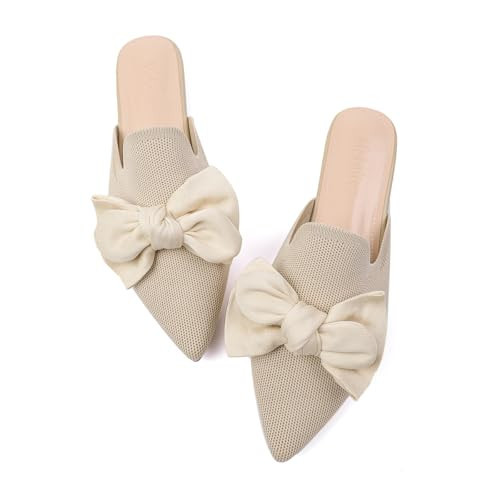 Meknitva Pointed Toe Mules for Women Pointed Toe Mules for Women Flats Comfortable Dressy Casual Loafers Shoes Bow Backless Flats Nude Size 8 | Amazon (US)