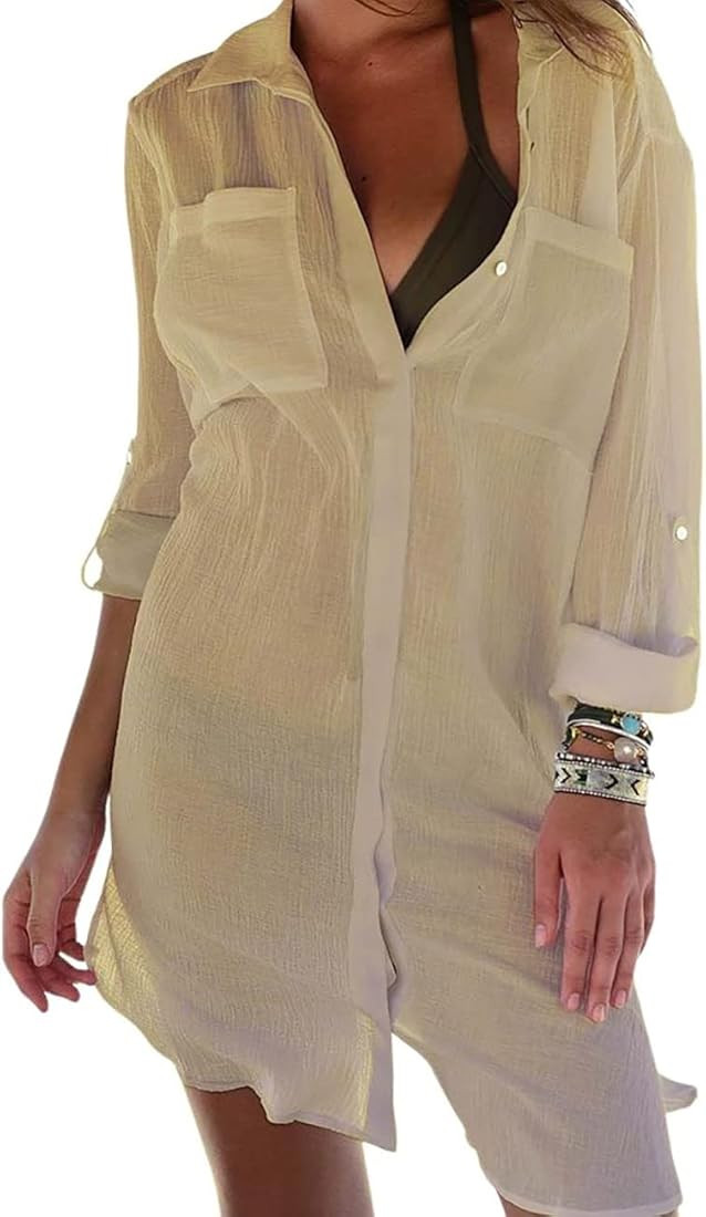 Bsubseach Swimsuit Coverup for Women Button Down Shirts with Pockets Bikini Cover Up | Amazon (US)