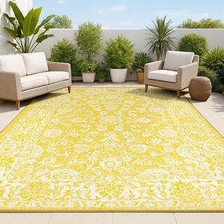 Tela Bohemian Textured Weave Floral Yellow/Cream 9 ft. x 12 ft. Indoor/Outdoor Area Rug | The Home Depot