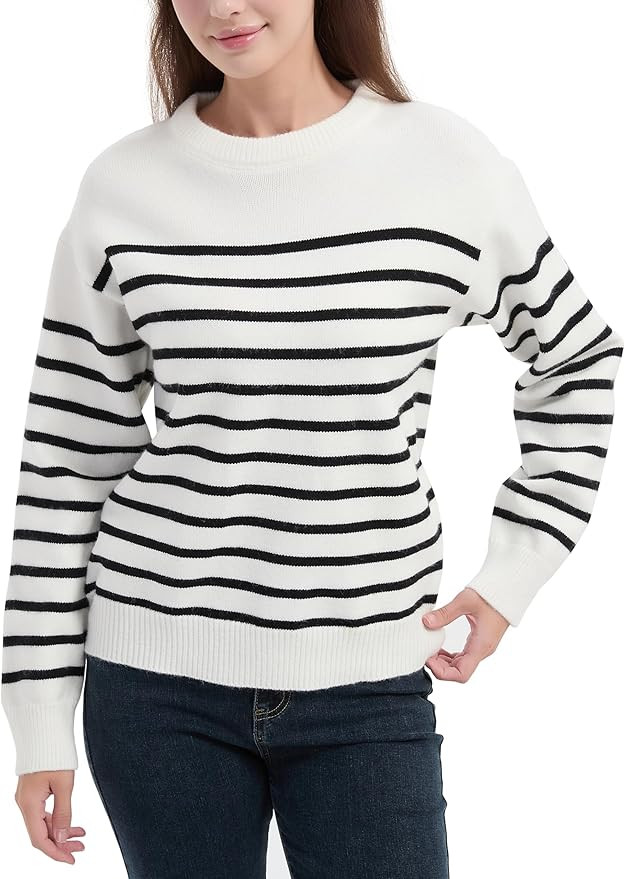 Tronjori Womens Striped Jacquard Crewneck Sweater Pullover Casual Fall Winter Long Sleeve Knit To... | Amazon (US)