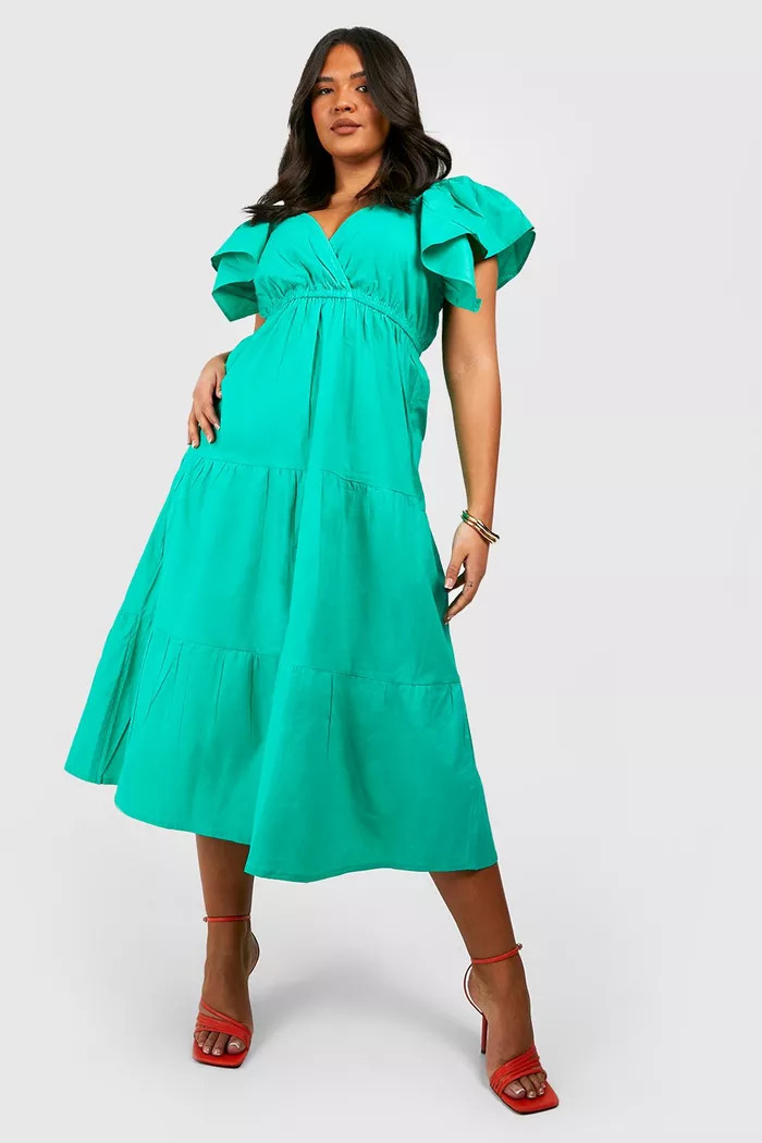Plus Cotton Poplin Ruffle Angel Sleeve Midi Dress | Boohoo.com (UK & IE)