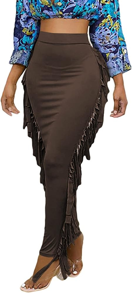 LYANER Women's Fringed Side Tassels Elastic Waist Slim Bodycon Pencil Maxi Skirts | Amazon (US)