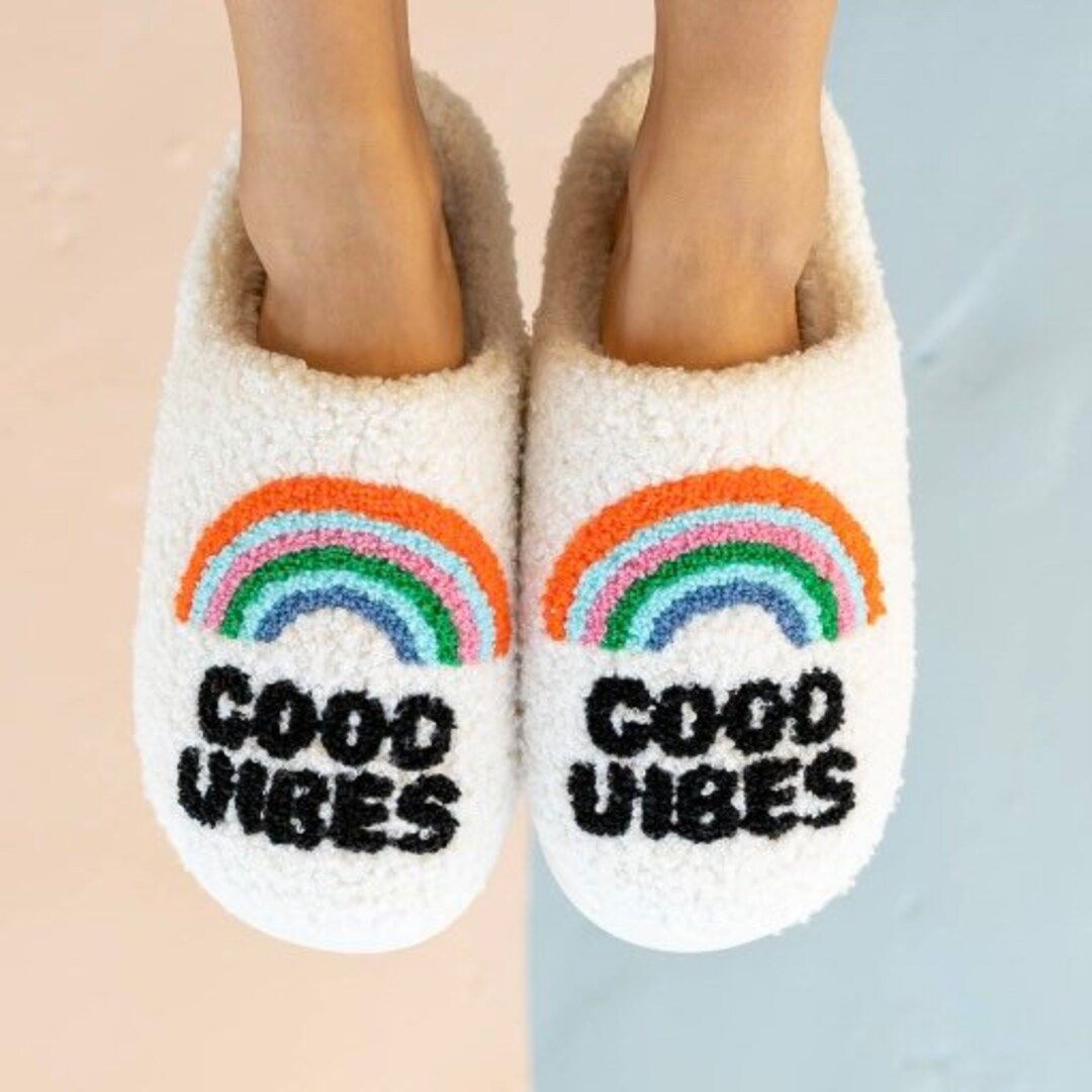 Good Vibes Rainbow Womens Slip on Slippers Rainbow Emoji - Etsy | Etsy (US)