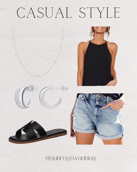 Casual style 🤍 

Women’s fashion, Jean shorts, black tank top, silver huggie hoops, sliver chain necklace, leather slide sandals 