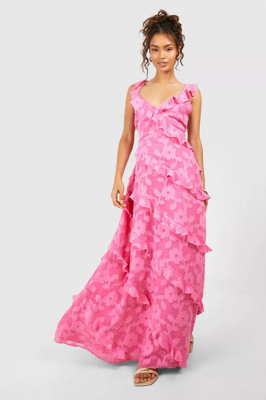 Jacquard Ruffle Strappy Maxi Dress | Boohoo.com (UK & IE)