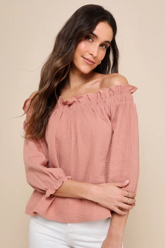 Sweet One Rusty Rose Off-the-Shoulder Three-Quarter Sleeve Top | Lulus