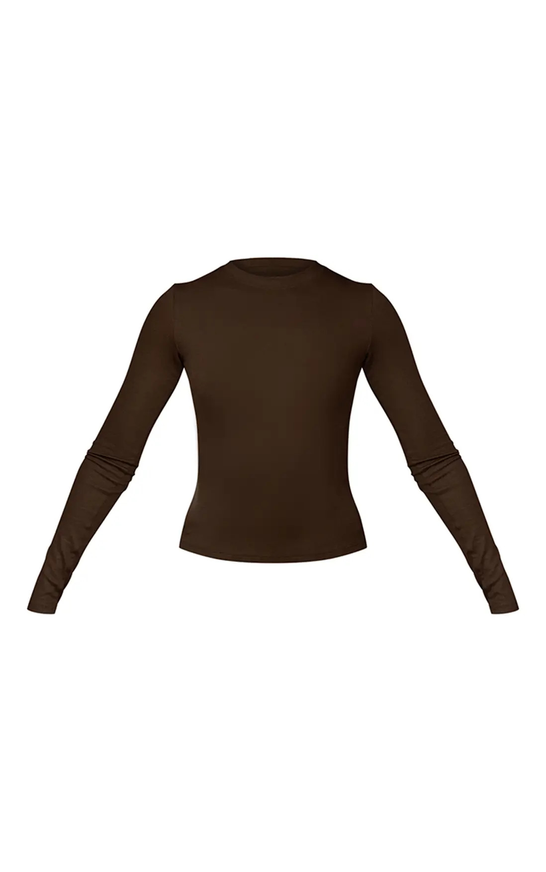 Dark Chocolate Soft Rib Crew Neck Long Sleeve Top | PrettyLittleThing UK