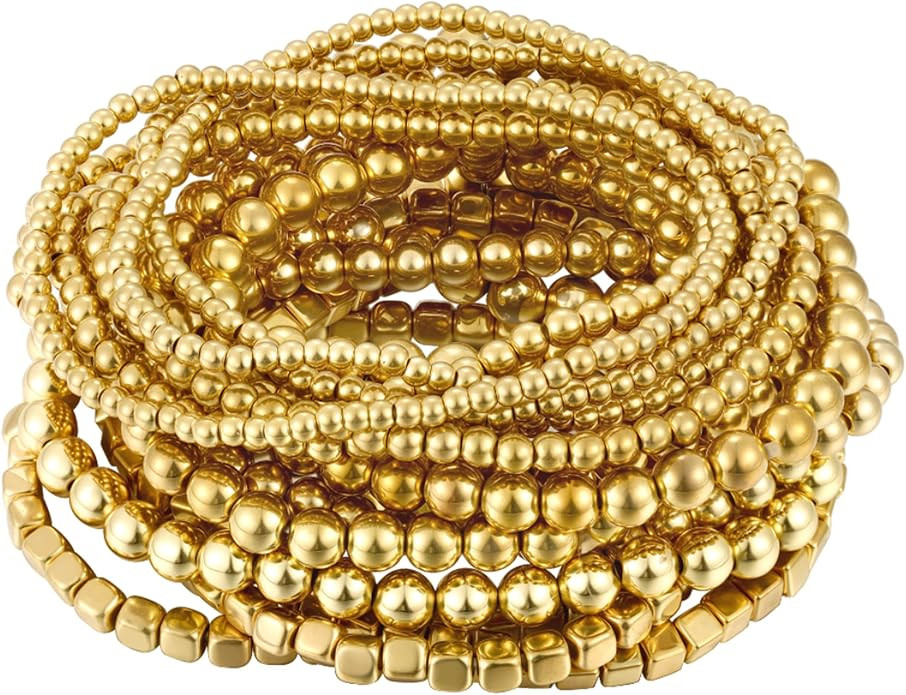 ÌF ME 16 PCS Gold Bead Bracelet for Women, Gold Beaded Stretch Plated Stackable Strand Bead Ball... | Amazon (US)