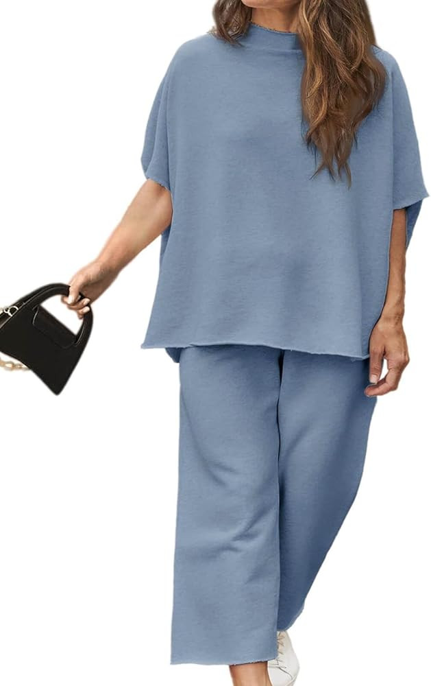 Beautife Women's Plus Size 2 Piece Outfits 3/4 Batwing Sleeve Capelet Crew Neck Pullover Top Wide... | Amazon (US)