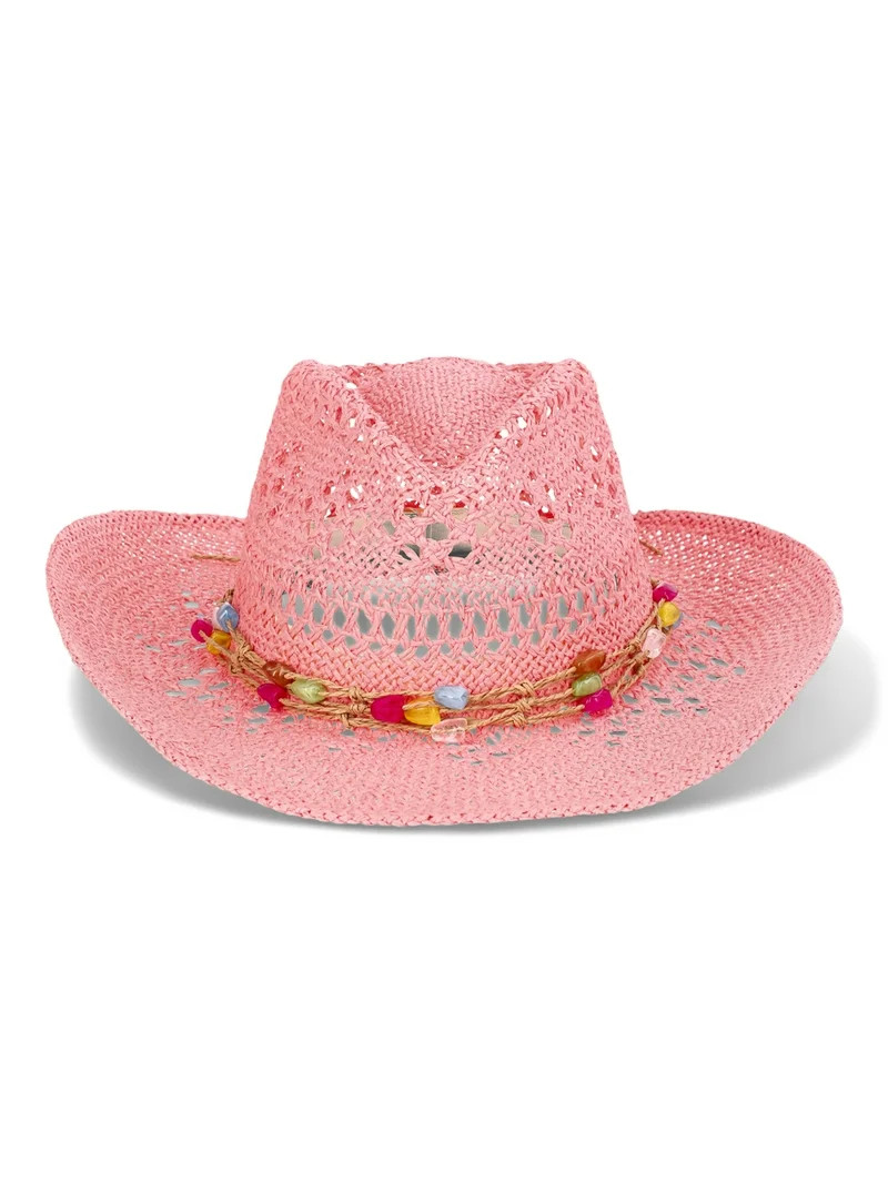 No Boundaries Paper Rancher Hat with Beads, Women’s, One Size, Coral | Walmart (US)