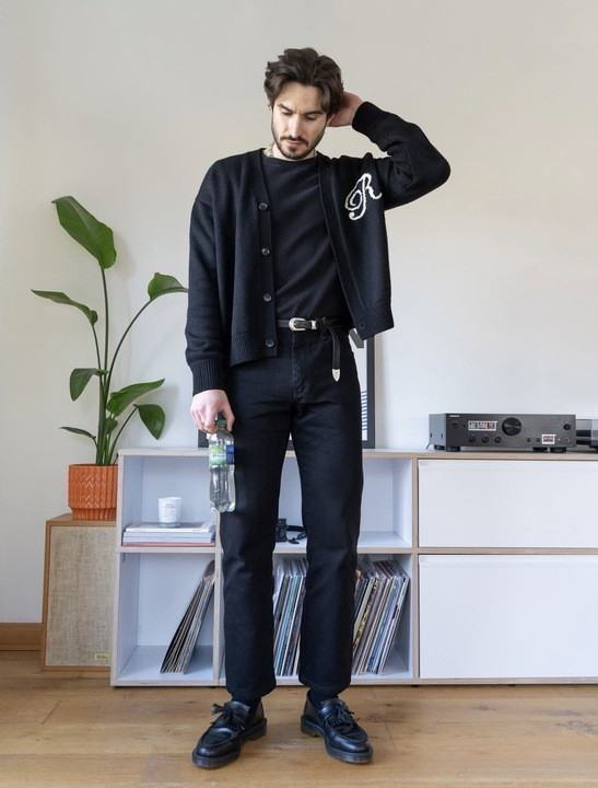 Mens fashion, mens outfit ideas, merino wool cardigan, all black outfit, Wrangler jeans, Our Legacy tshirt, Dr Martens loafers, mens outfit ideas 

 #LTKuk #LTKmens #LTKstyletip