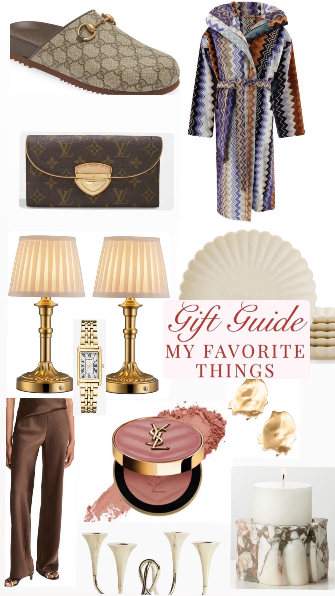 My favorite things!! Gift guide 
Amazon lights 
Missoni robe
Louis Vuitton wallet
Ysl beauty blush 
Earrings 