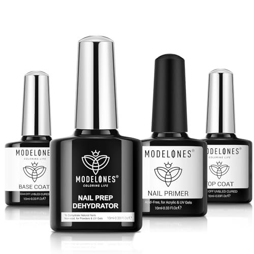 modelones Nail Dehydrator and Primer with Gel Base & Top Coat Set, Acid Free Acrylic Supplies Primer Glossy Gel Nail Polish Nail Thickening Solution Top Coat | Amazon (US)