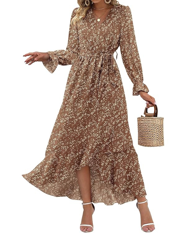 BTFBM Womens Dresses Fall Clothes 2025 V Neck Floral High Waist Ruffle Wedding Guest Cocktail Boh... | Amazon (US)