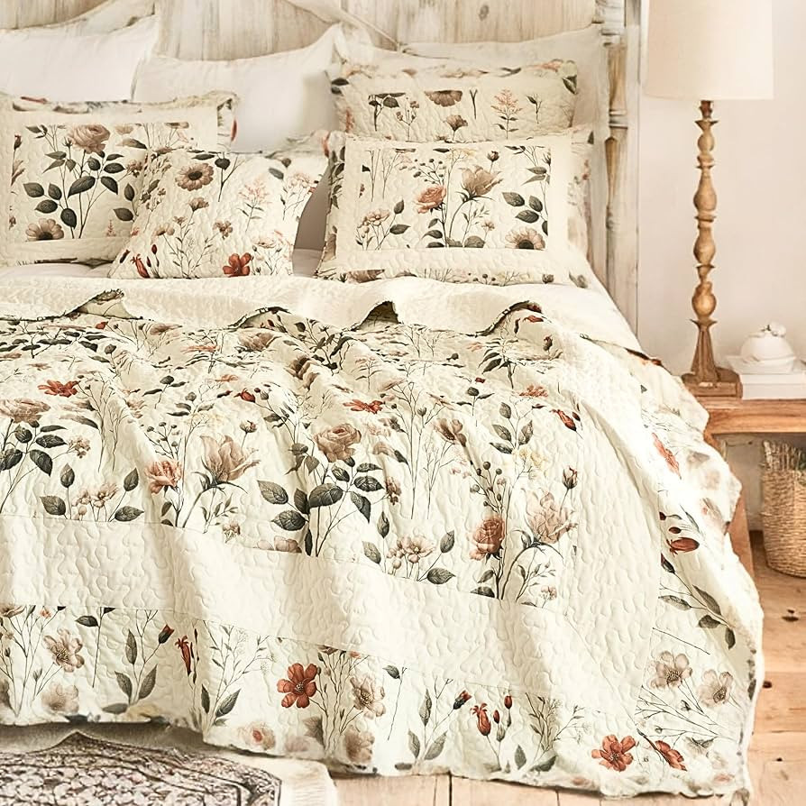 DaDalogy Enchanted Meadow Quilt Set - Victoria Garden Delicate Floral Symphony in Beige, Rose, an... | Amazon (US)