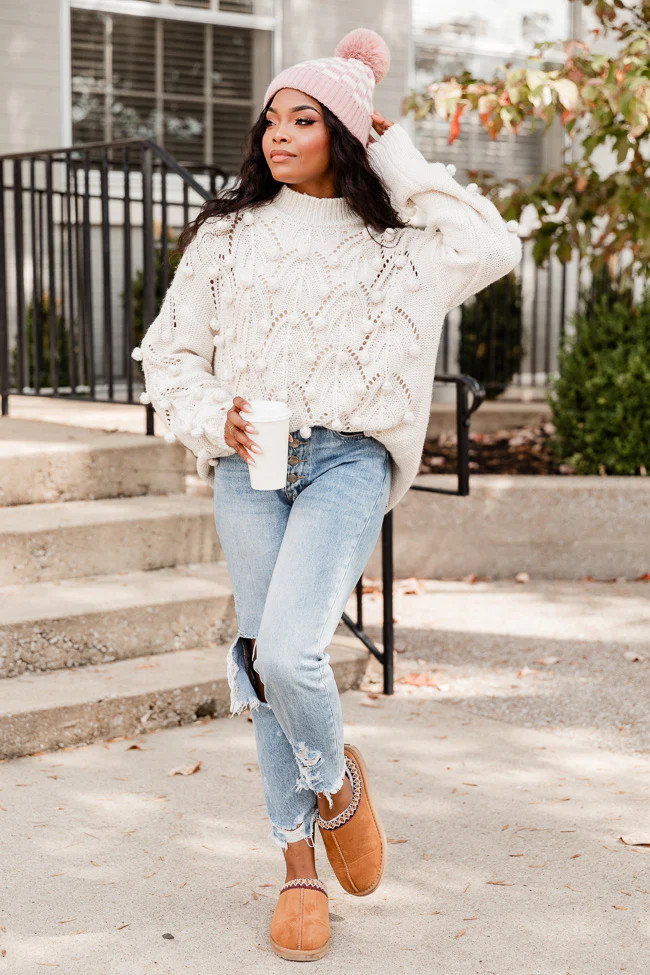 Chunky Cream Pom Sweater | Pink Lily